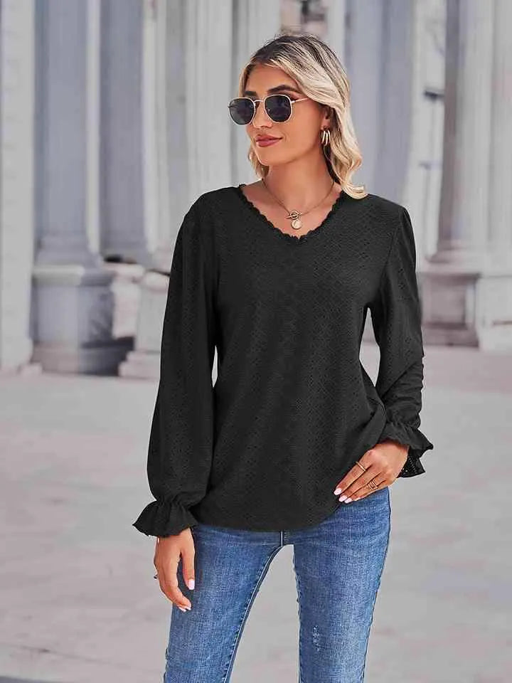Eyelet V-Neck Flounce Sleeve Blouse Black Blouses - Tophatter Daily Deals