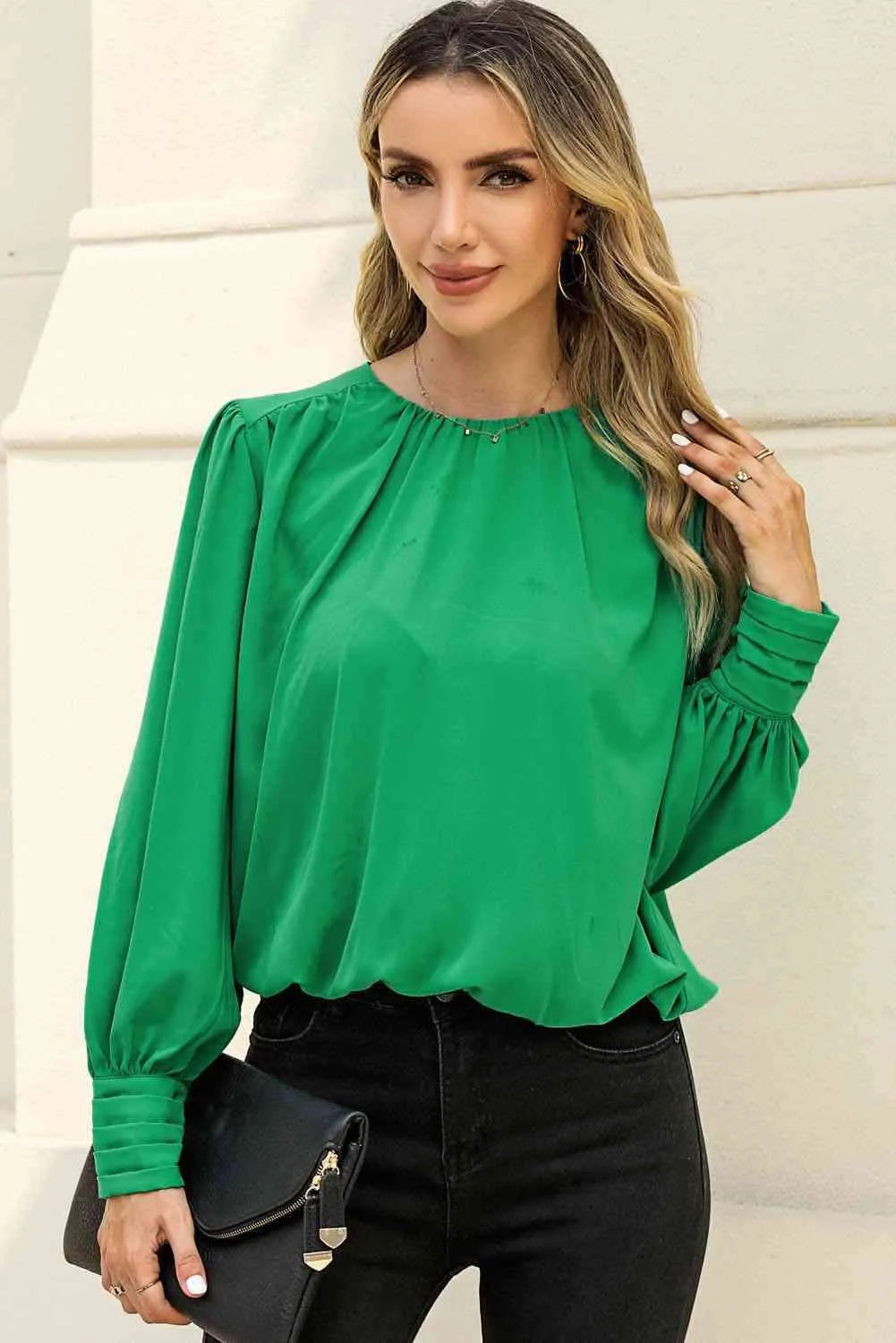 Round Neck Puff Sleeve Blouse Blouses - Tophatter Daily Deals
