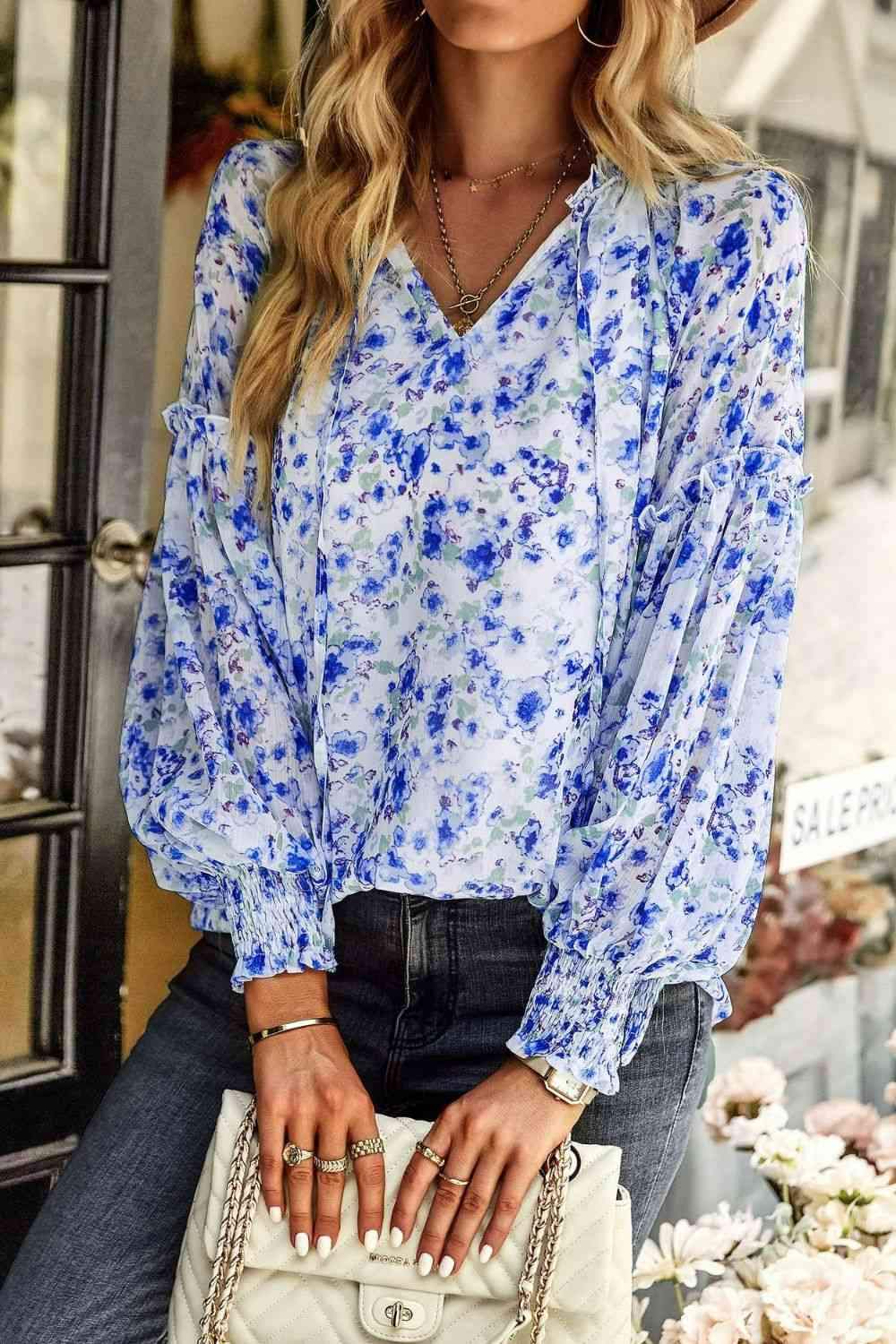 Floral Tie Neck Lantern Sleeve Blouse Blouses - Tophatter Daily Deals