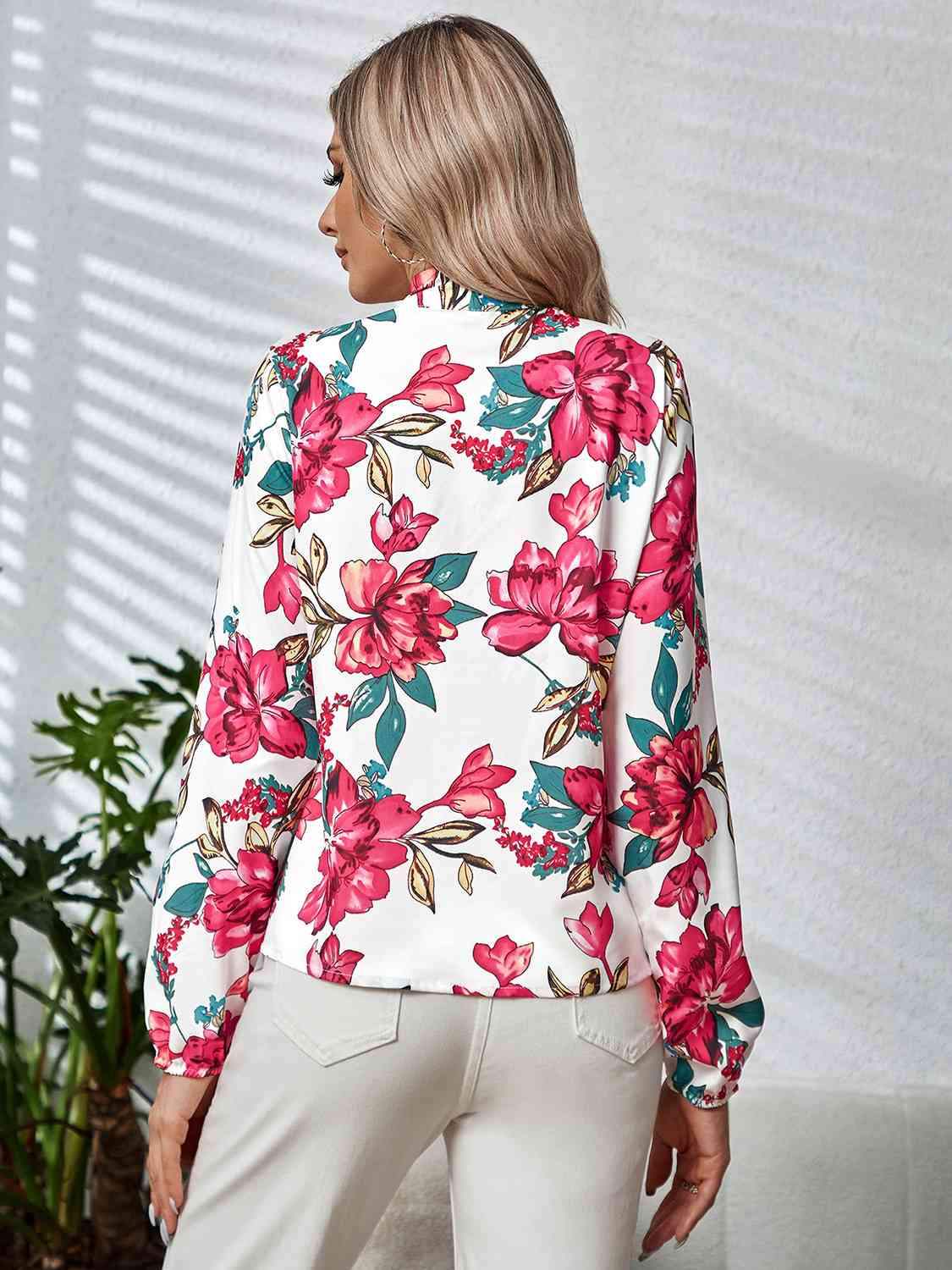 Printed Tie Neck Long Sleeve Blouse Blouses - Tophatter Daily Deals