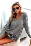 BiBi Contrast Stitching V-Neck Long Sleeve T-Shirt Blouses - Tophatter Daily Deals