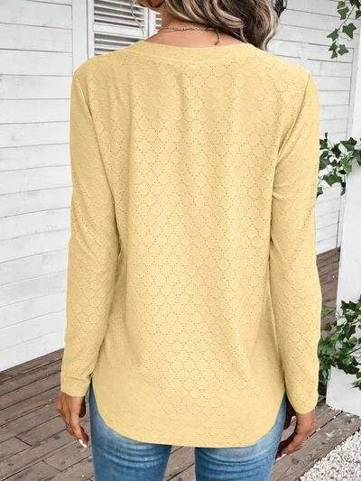 Eyelet V-Neck Long Sleeve T-Shirt Women's T-Shirts - Tophatter Daily Deals