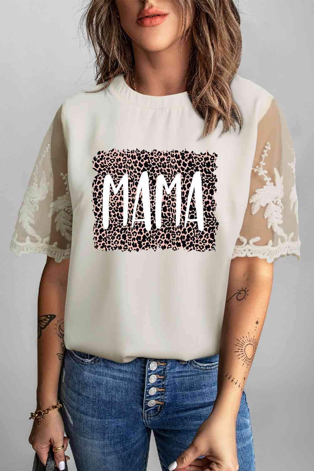 Embroidery Round Neck Short Sleeve MAMA Graphic Blouse Blouses - Tophatter Daily Deals