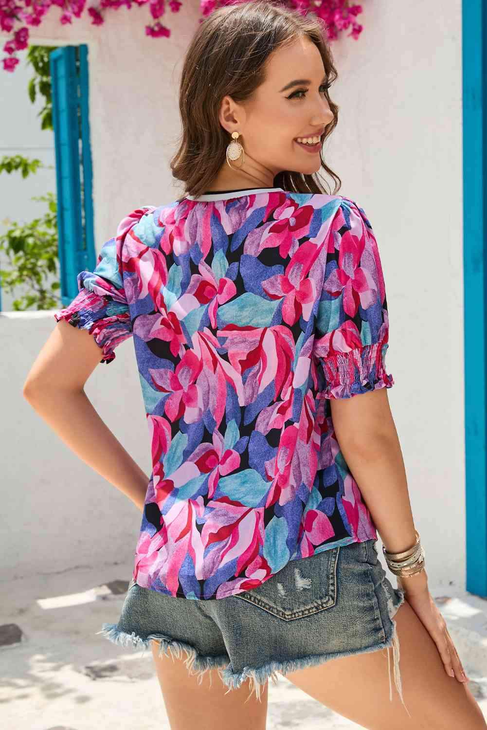 Floral Round Neck Puff Sleeve Top Blouses - Tophatter Daily Deals