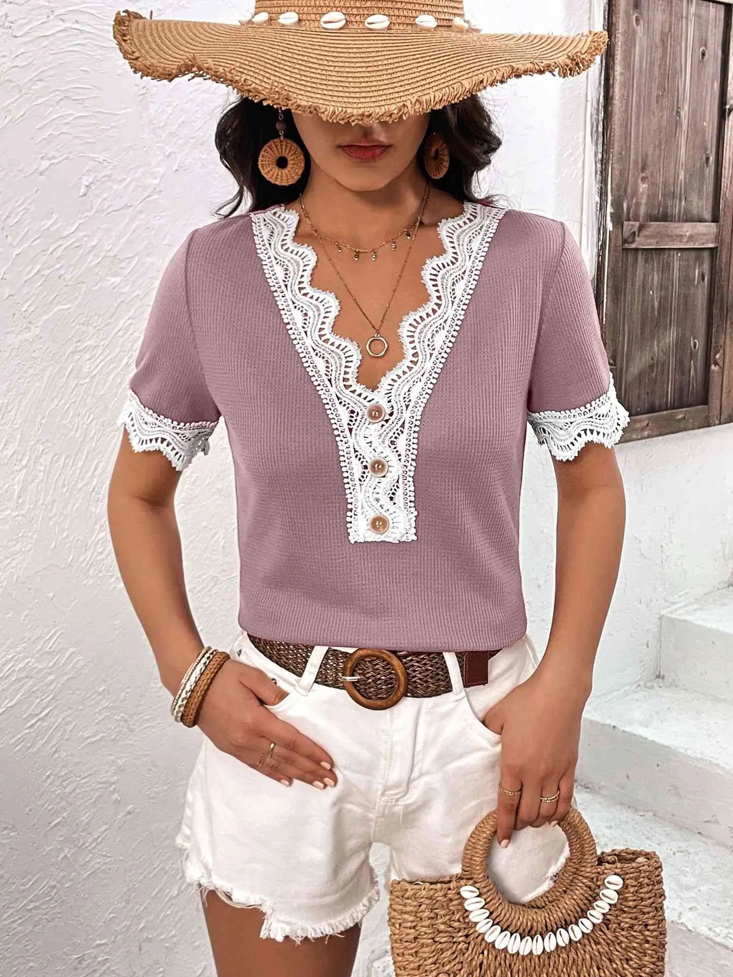 Decorative Button Spliced Lace Short Sleeve Top Lilac Blouses - Tophatter Daily Deals