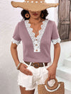 Decorative Button Spliced Lace Short Sleeve Top Lilac Blouses - Tophatter Daily Deals