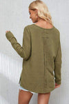 Mineral Washed Exposed Seam Round Neck Long Sleeve Blouse Blouses - Tophatter Daily Deals