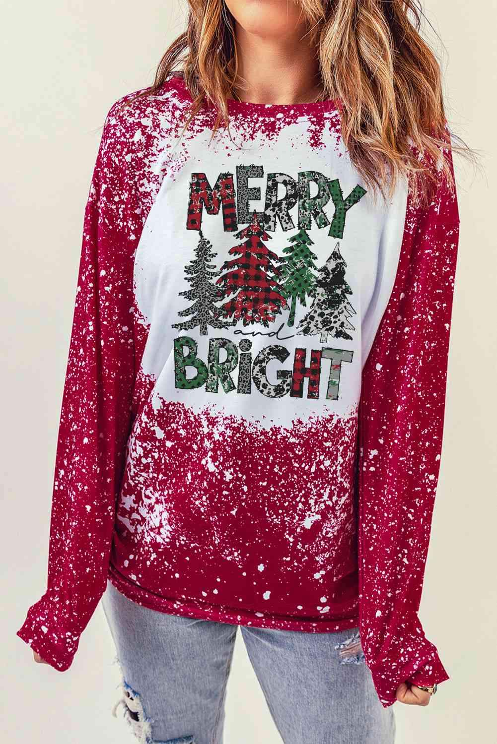 MERRY BRIGHT Graphic Long Sleeve T-Shirt Wine Women's T-Shirts - Tophatter Daily Deals