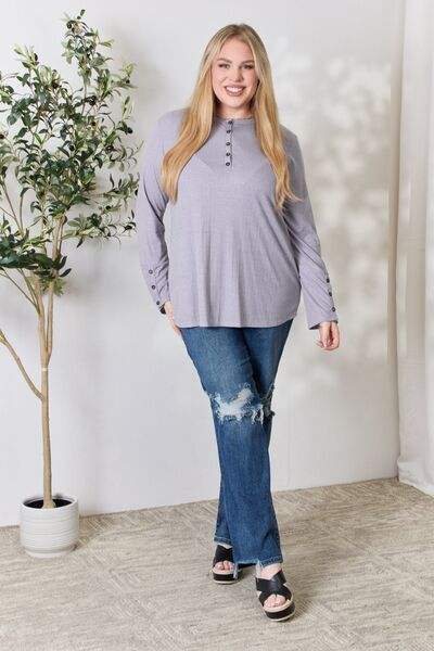 Heimish Full Size Texture Half Button Long Sleeve Top Blouses - Tophatter Daily Deals