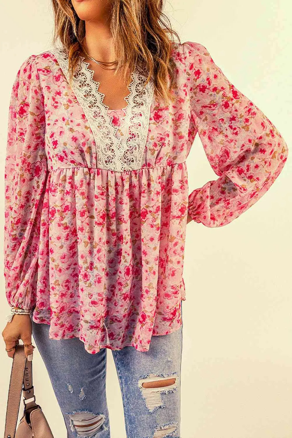 Floral Lace Trim Balloon Sleeve Blouse Blouses - Tophatter Daily Deals