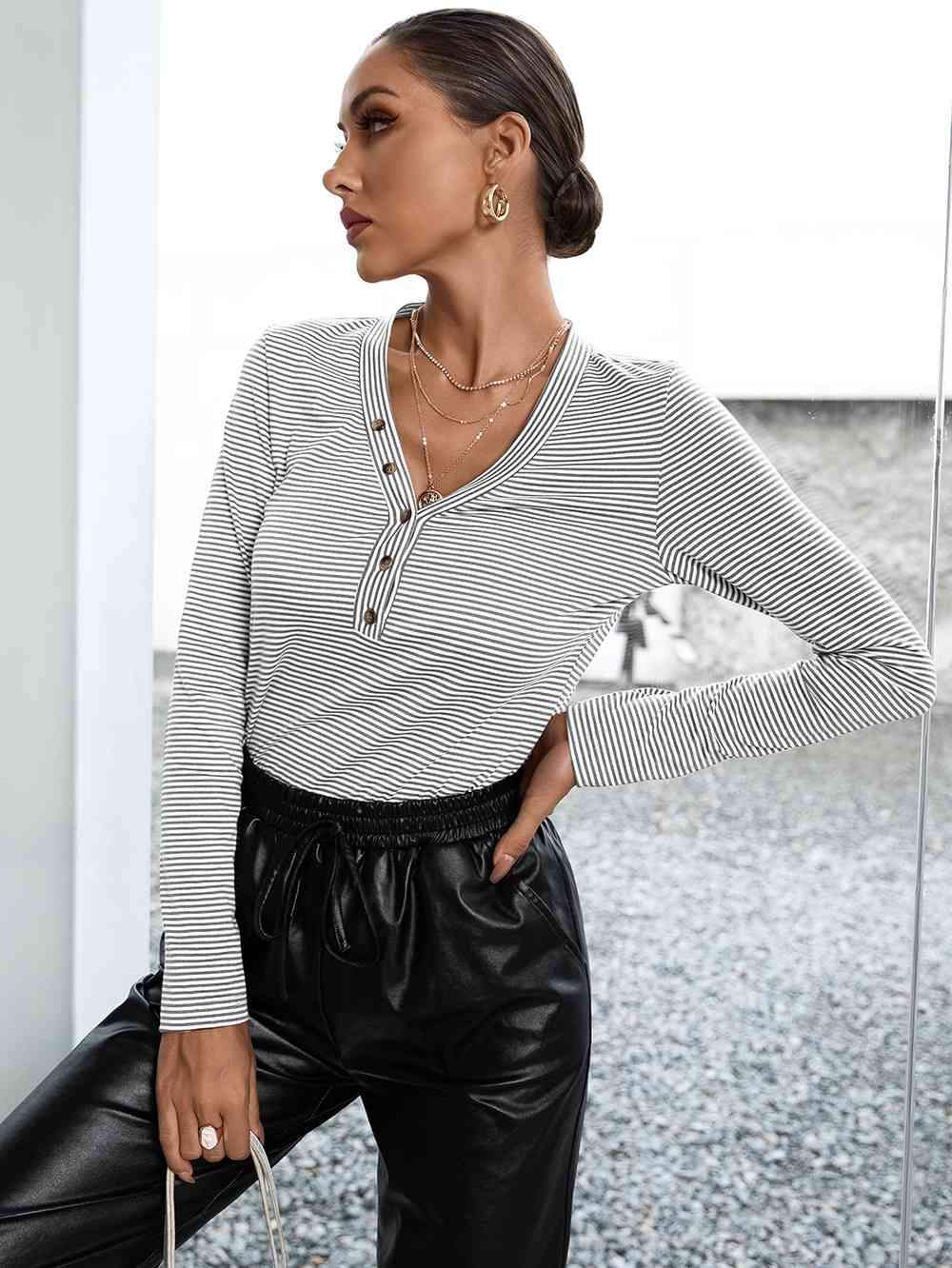 Striped Buttoned V-Neck Long Sleeve Top Heather Gray Blouses - Tophatter Daily Deals