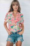 Floral Notched Neck Short Sleeve Top - Tophatter Deals