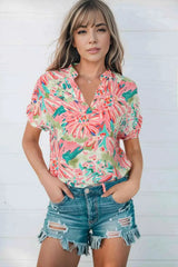 Floral Notched Neck Short Sleeve Top Peach Blouses - Tophatter Daily Deals