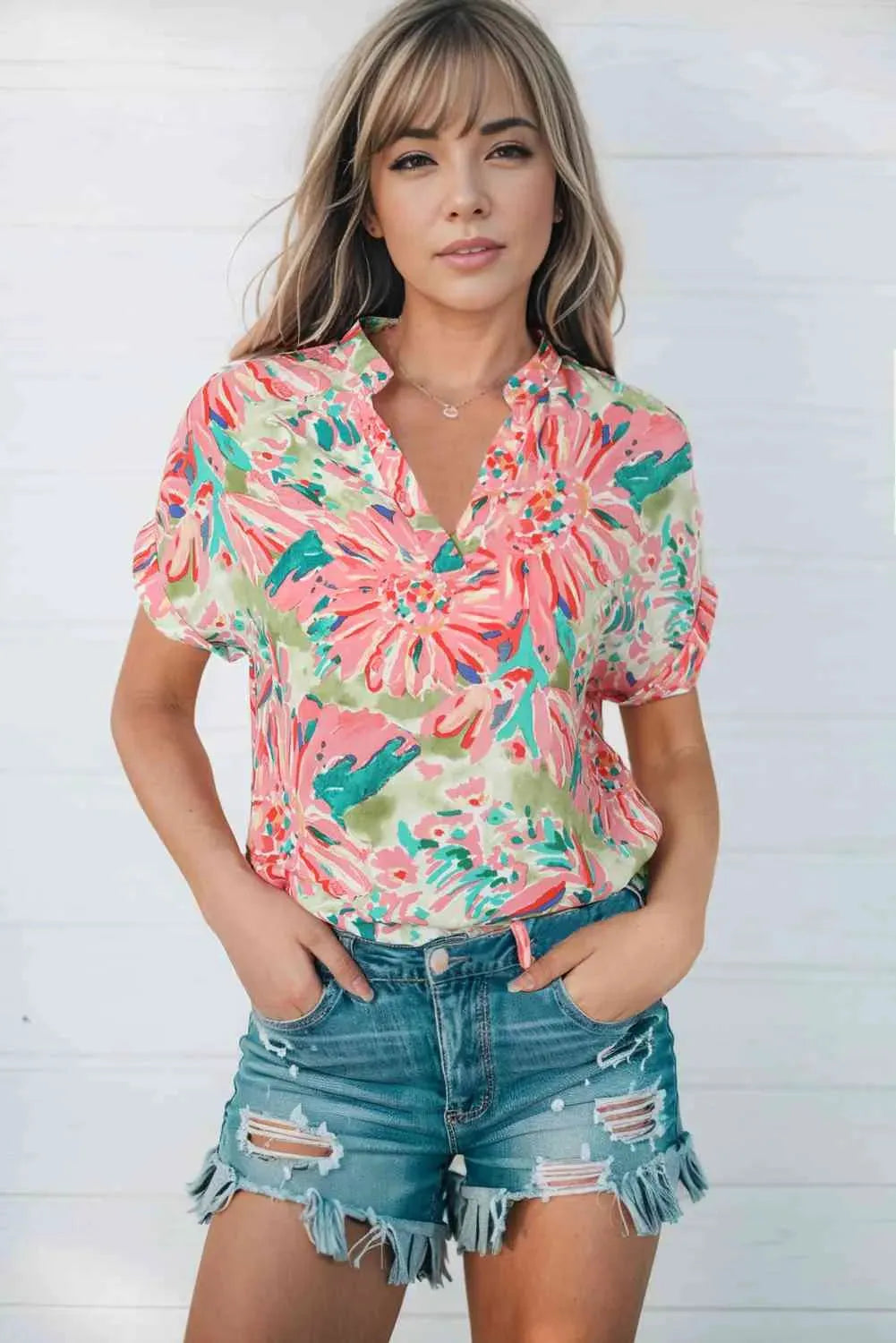 Floral Notched Neck Short Sleeve Top Peach Blouses - Tophatter Daily Deals