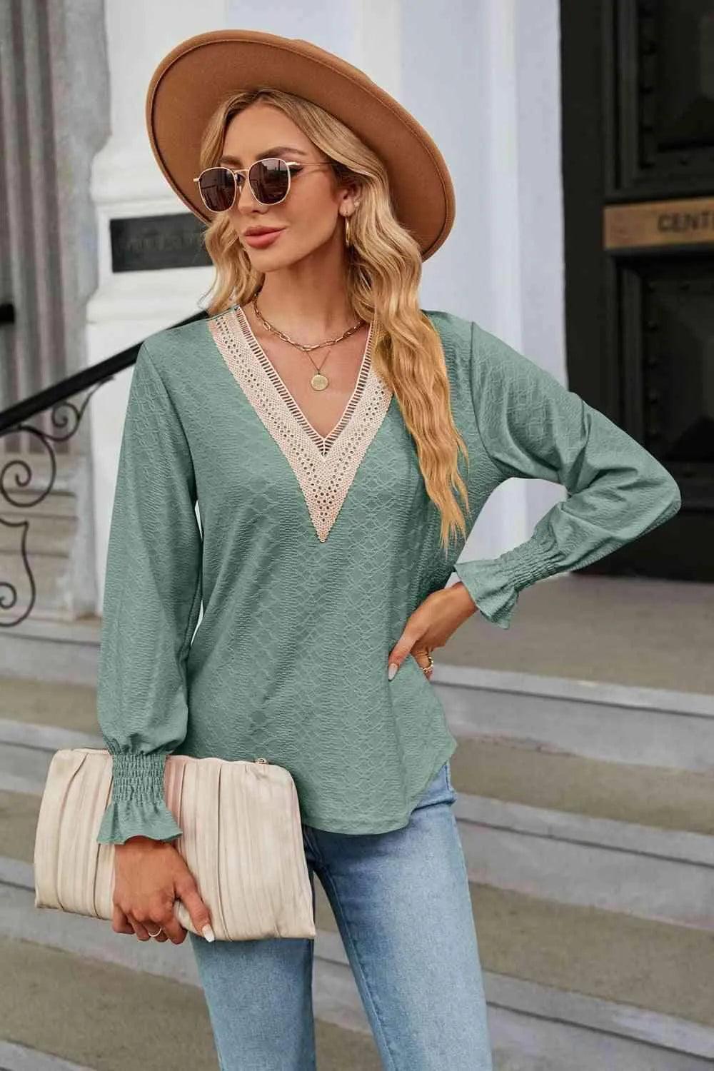 V-Neck Flounce Sleeve Blouse Blouses - Tophatter Daily Deals