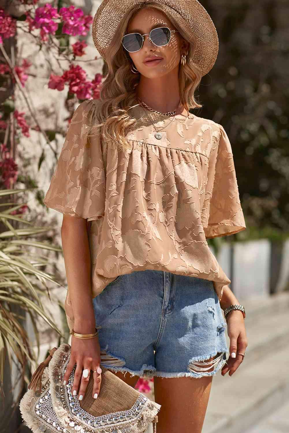 Round Neck Puff Sleeve Blouse Blouses - Tophatter Daily Deals