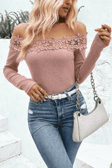 Off-Shoulder Lace Trim Ribbed Tee Blouses - Tophatter Daily Deals