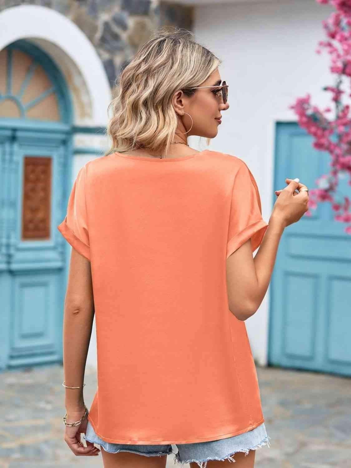 V-Neck Cuffed Blouse Blouses - Tophatter Daily Deals