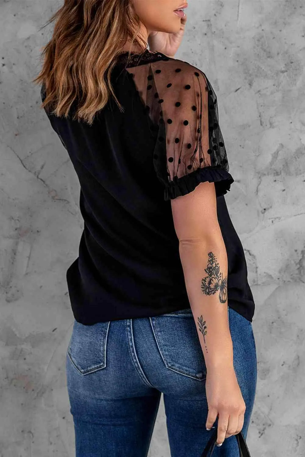 Polka Dot Lace Trim Spliced Mesh Blouse Blouses - Tophatter Daily Deals