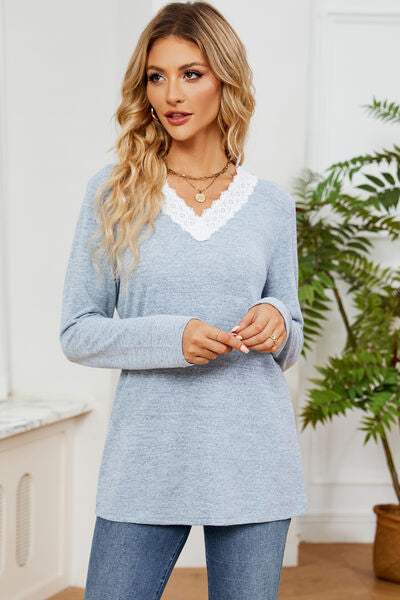 Lace Detail V-Neck Long Sleeve T-Shirt Women's T-Shirts - Tophatter Daily Deals