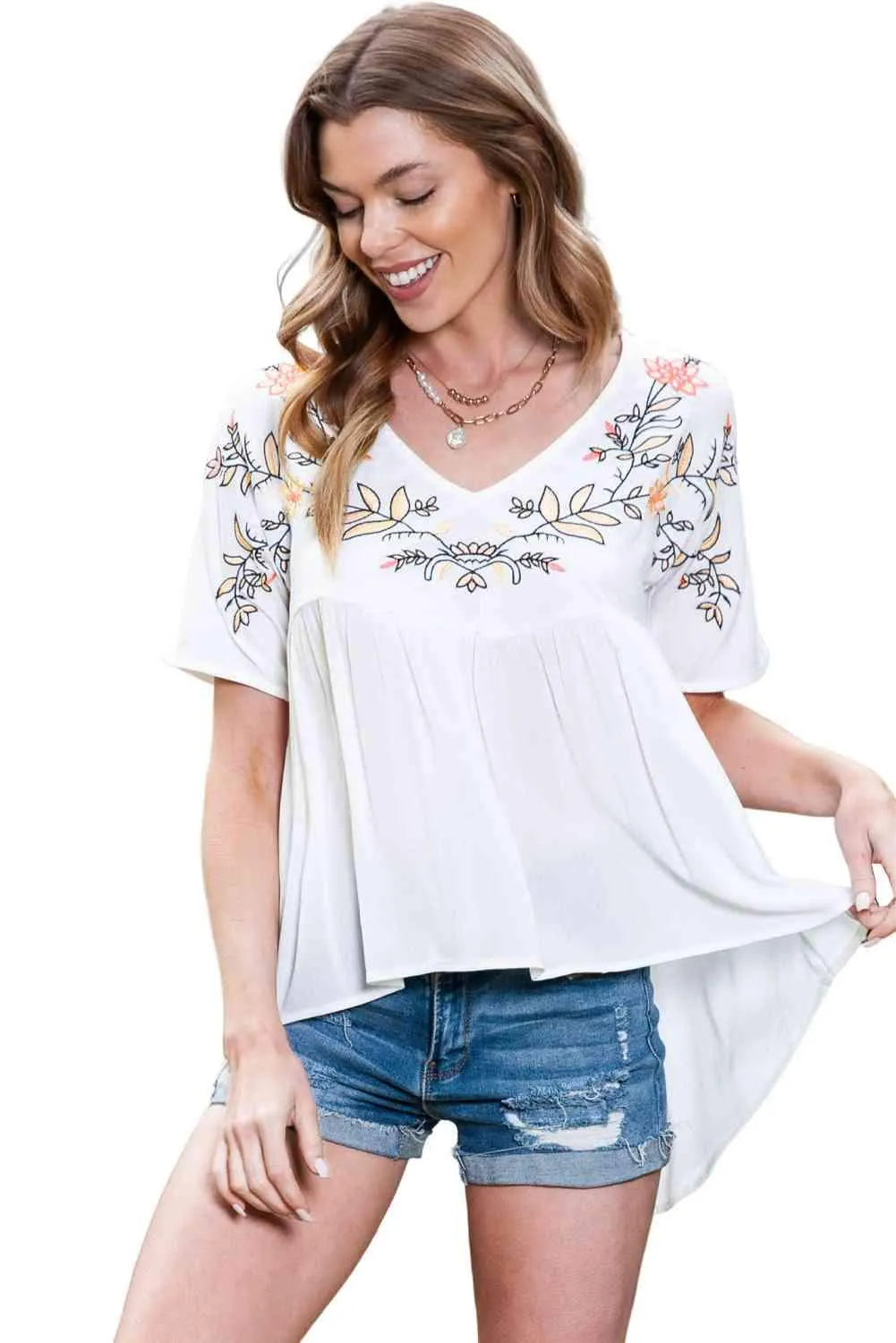 Embroidered V-Neck Babydoll Blouse Blouses - Tophatter Daily Deals