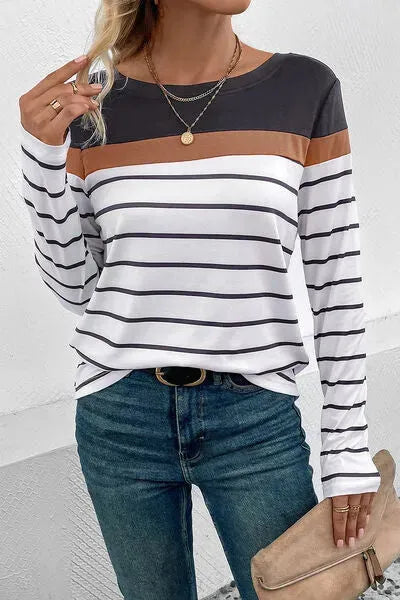 Striped Round Neck Long Sleeve T-Shirt Charcoal Women's T-Shirts - Tophatter Daily Deals