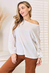 Double Take Eyelet Dropped Shoulder Round Neck Blouse Blouses - Tophatter Daily Deals