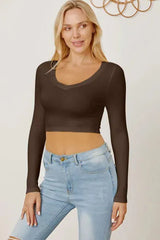 Round Neck Long Sleeve Cropped T-Shirt Chocolate Women's T-Shirts - Tophatter Daily Deals