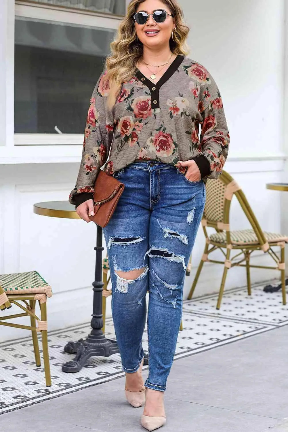 Plus Size Floral V-Neck Blouse Blouses - Tophatter Daily Deals