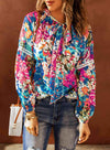 Floral Tie Neck Balloon Sleeve Top Blouses - Tophatter Daily Deals