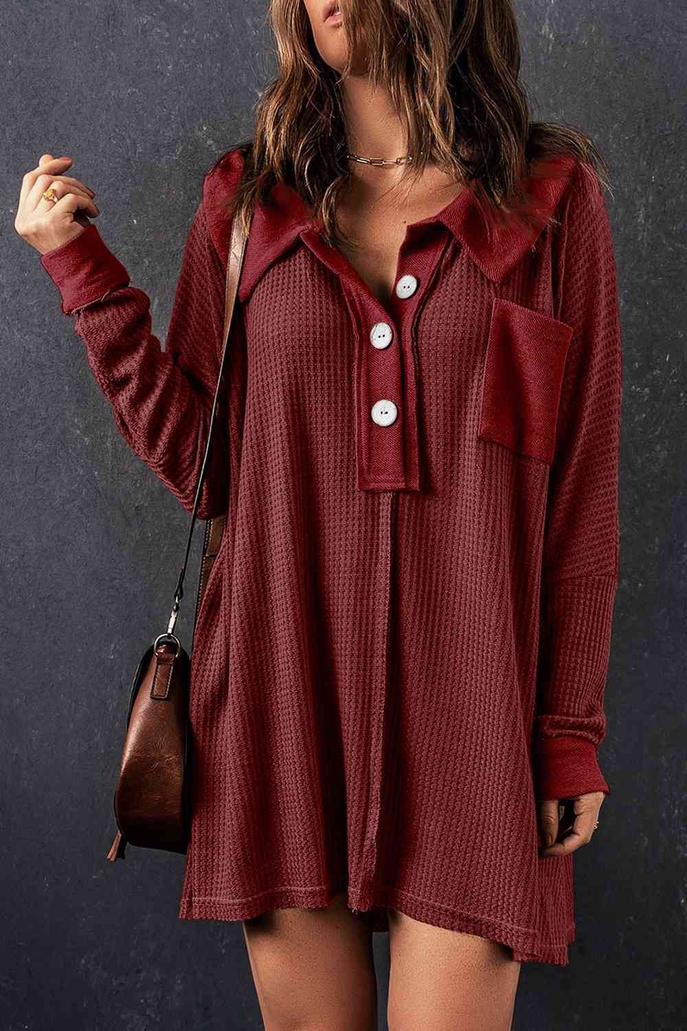 Waffle Knit Buttoned Long Sleeve Top with Breast Pocket - Tophatter Deals