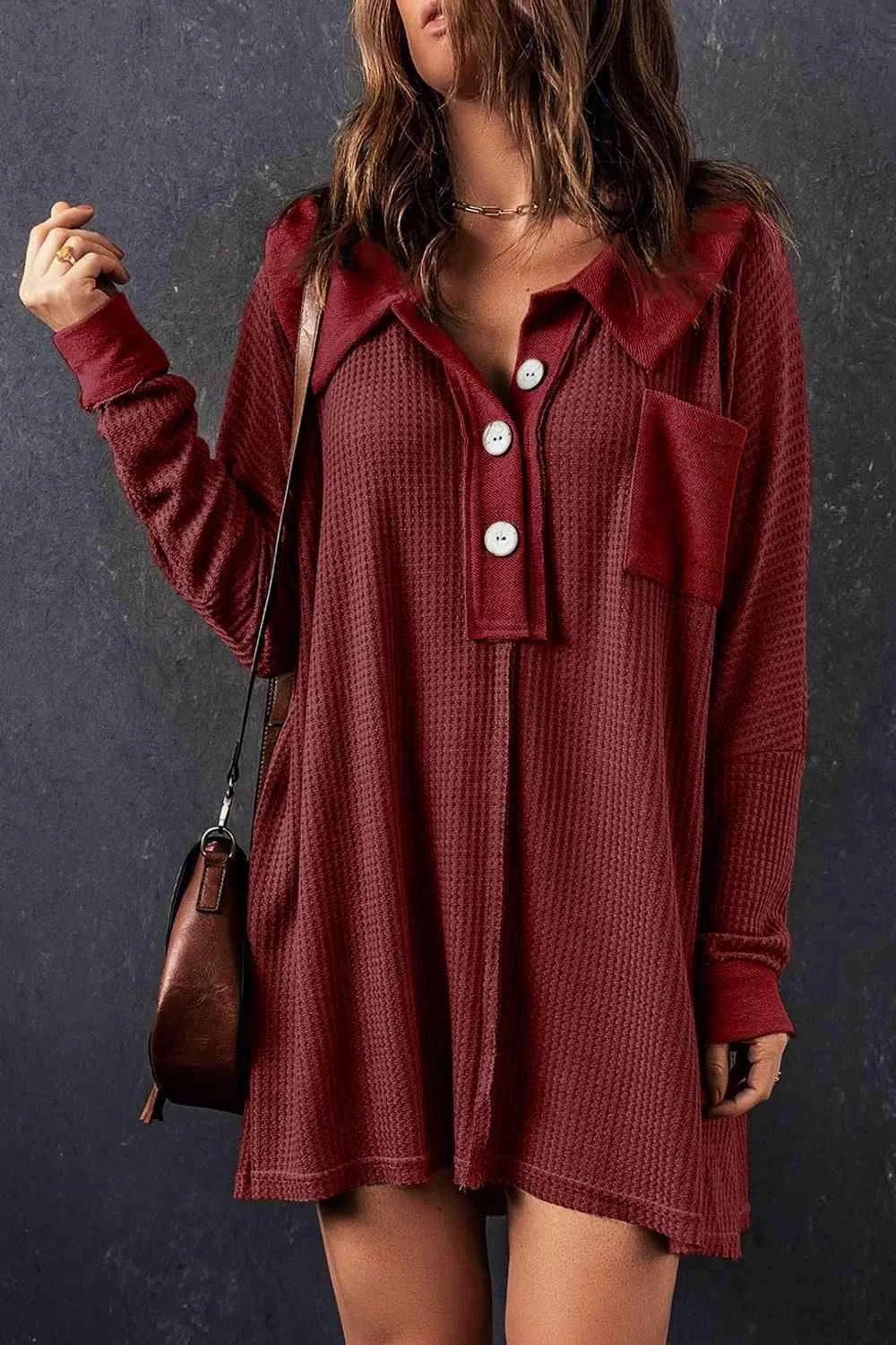Waffle Knit Buttoned Long Sleeve Top with Breast Pocket Blouses - Tophatter Daily Deals
