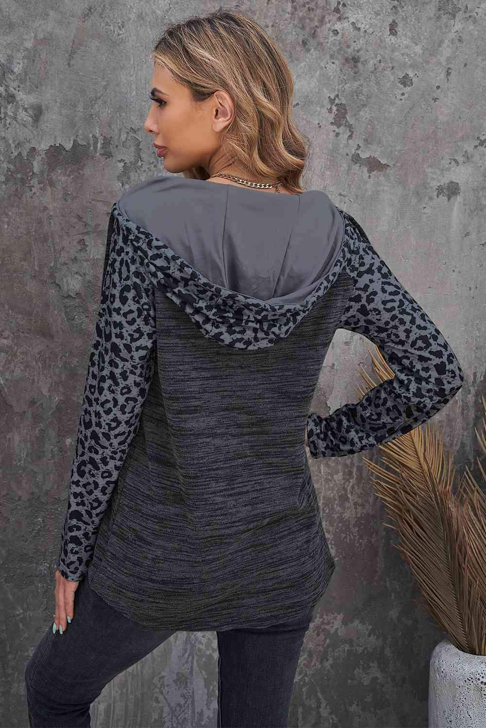 Color Block Leopard Long Sleeve Hoodie Blouses - Tophatter Daily Deals