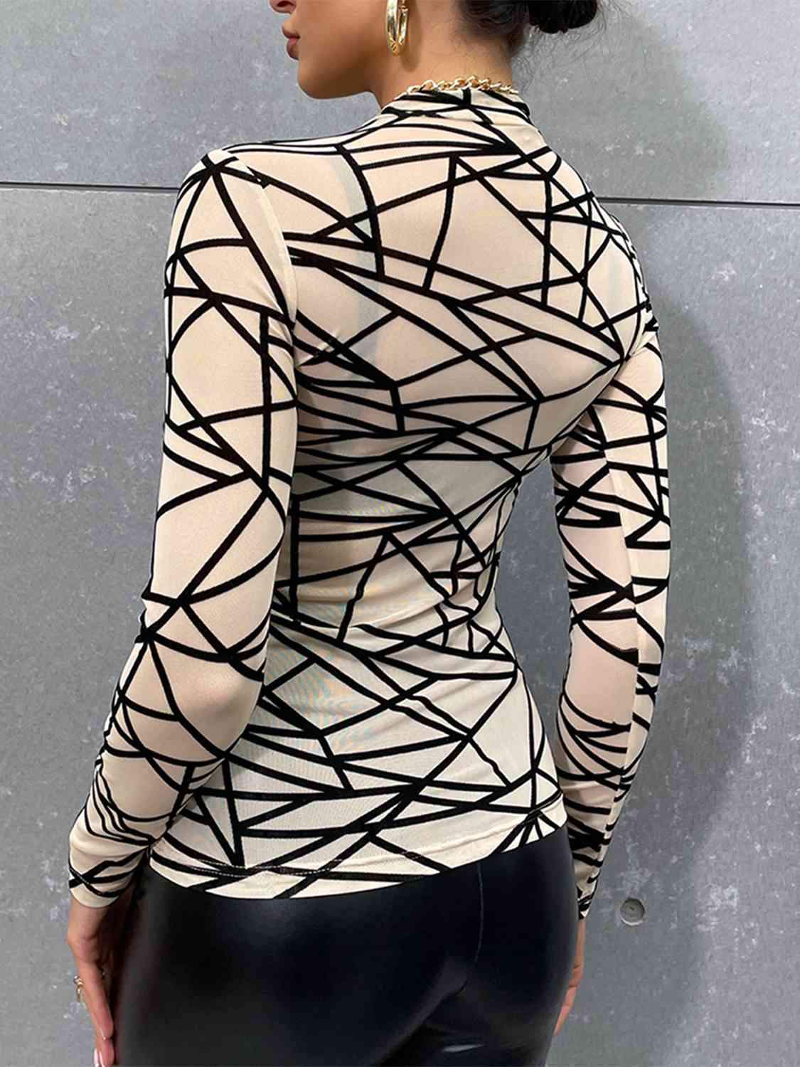 Geometric Mock Neck Long Sleeve Top Blouses - Tophatter Daily Deals