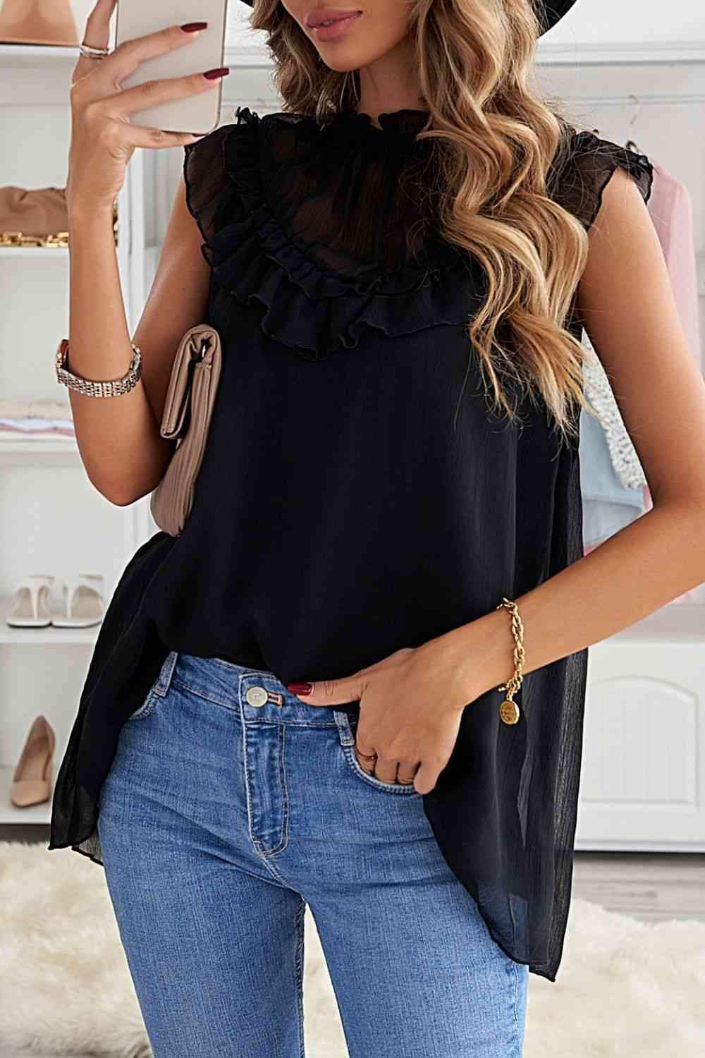 Ruffled Tulle Sleeveless Top Black Blouses - Tophatter Daily Deals