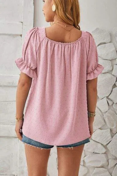 Swiss Dot Smocked Square Neck Short Sleeve T-Shirt Women's T-Shirts - Tophatter Daily Deals