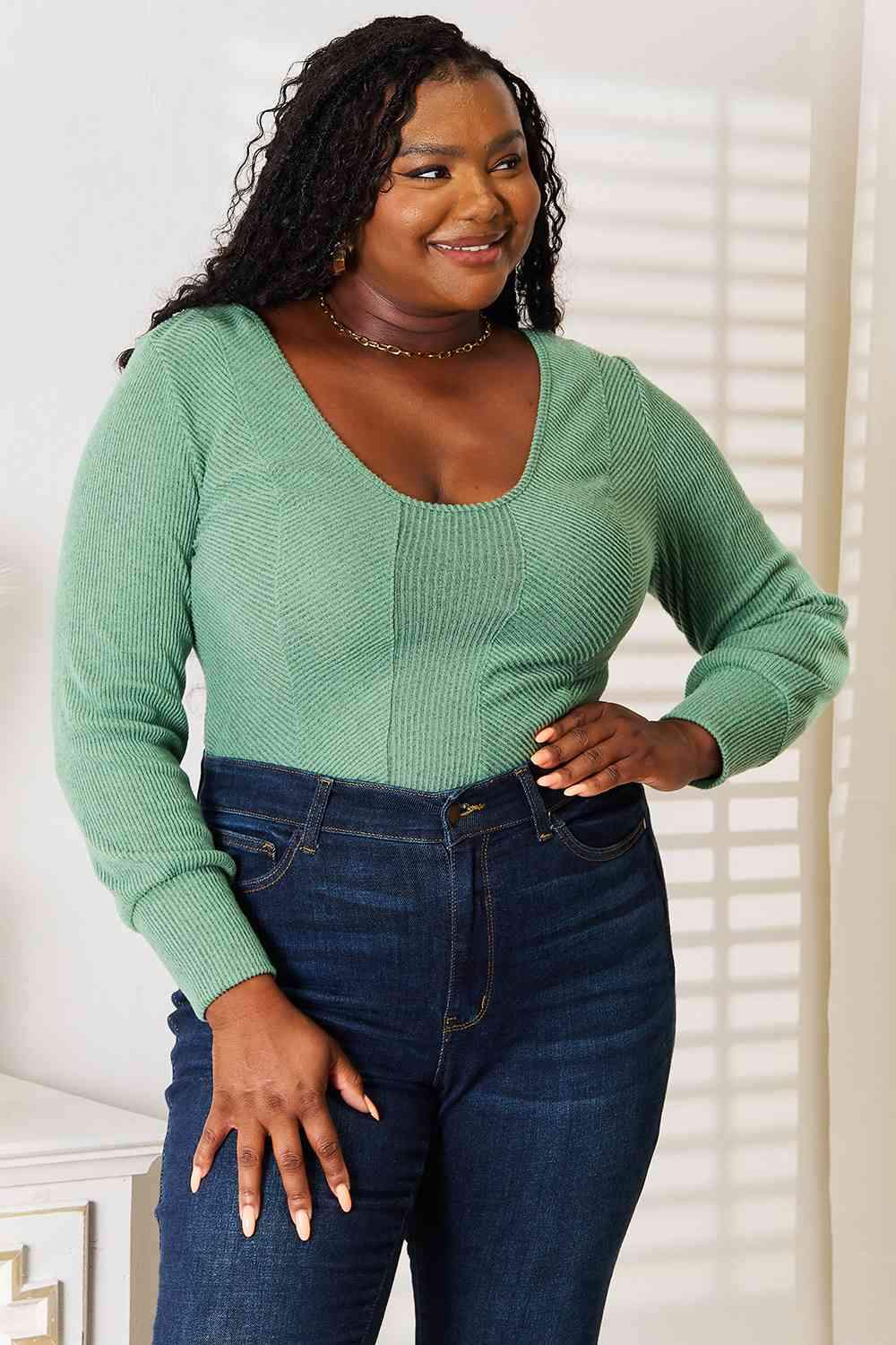 Basic Bae Scoop Neck Long Sleeve Top Mid Green Blouses - Tophatter Daily Deals