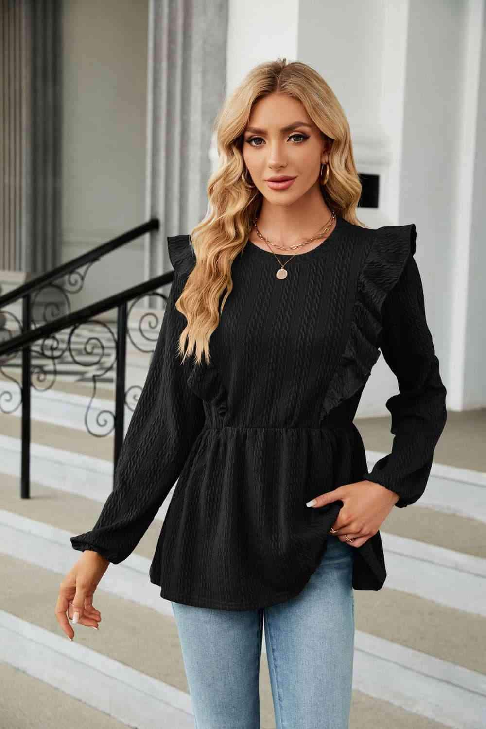 Round Neck Ruffled Peplum Blouse Black Blouses - Tophatter Daily Deals