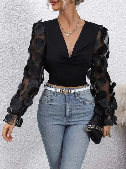 Ruched Plunge Mesh Long Sleeves Blouse Black Blouses - Tophatter Daily Deals