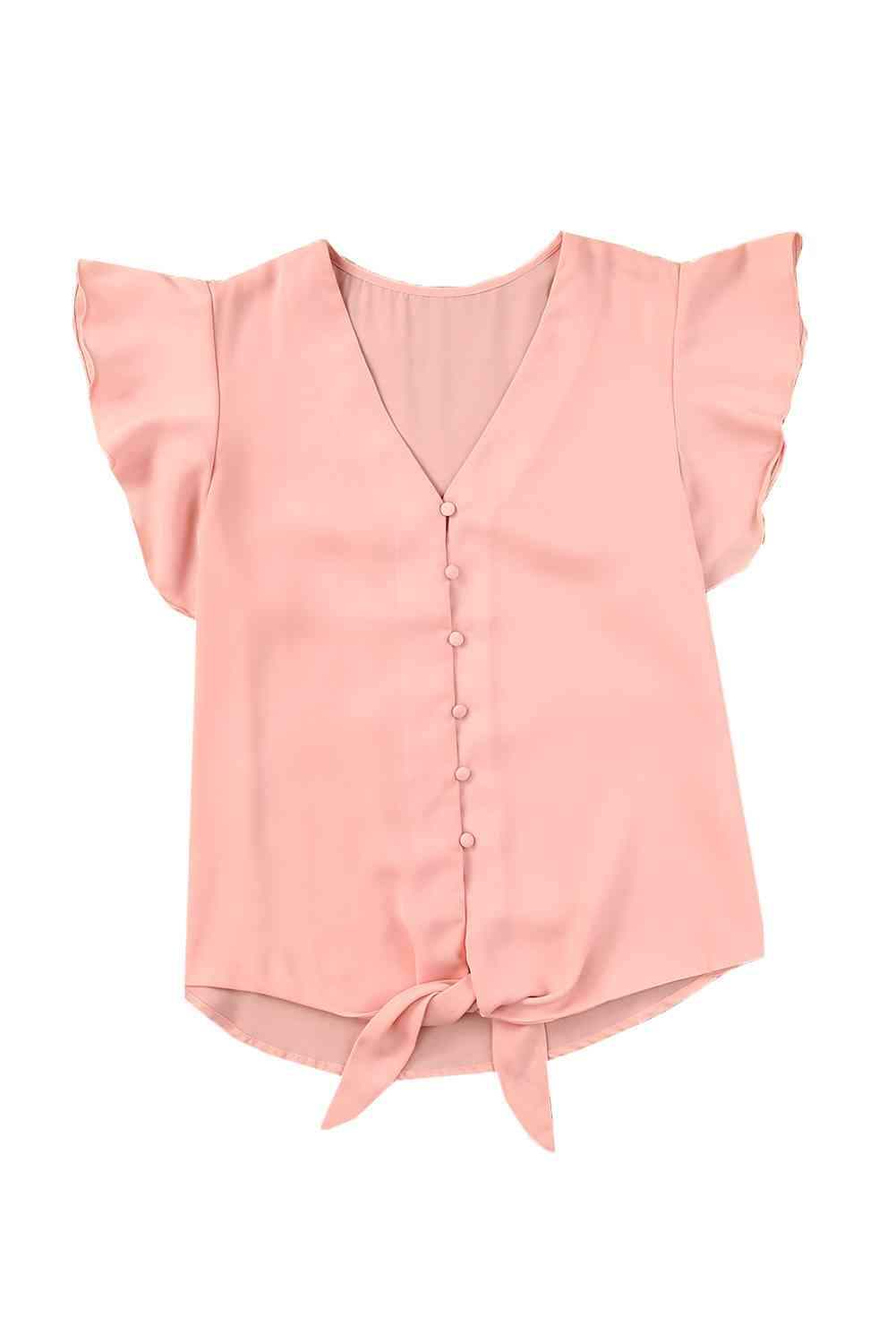 V-Neck Tie Hem Flutter Sleeve Blouse Peach Blouses - Tophatter Daily Deals