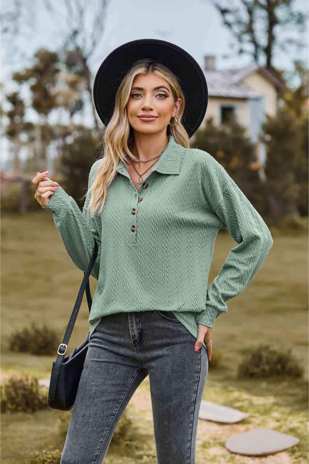 Collared Neck Long Sleeve Blouse Blouses - Tophatter Daily Deals