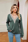 Contrast V-Neck Long Sleeve Blouse Green Blouses - Tophatter Daily Deals