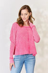 Zenana Washed Waffle-Knit Long Sleeve Top Blouses - Tophatter Daily Deals