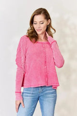 Zenana Washed Waffle-Knit Long Sleeve Top Blouses - Tophatter Daily Deals