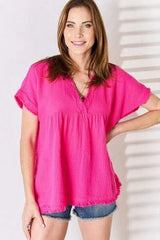 Zenana Full Size Raw Hem Short Sleeve Top Blouses - Tophatter Daily Deals