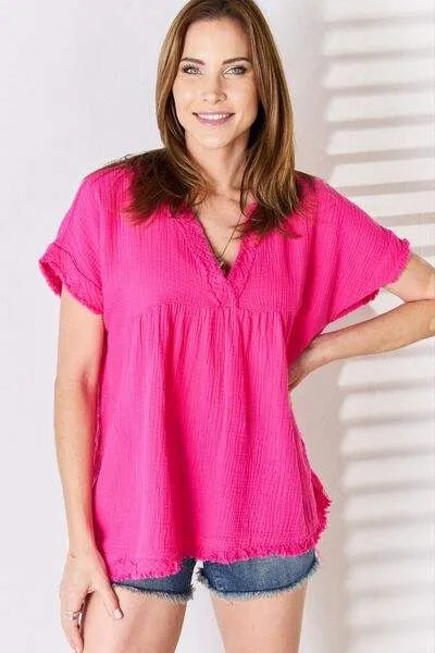 Zenana Full Size Raw Hem Short Sleeve Top Blouses - Tophatter Daily Deals