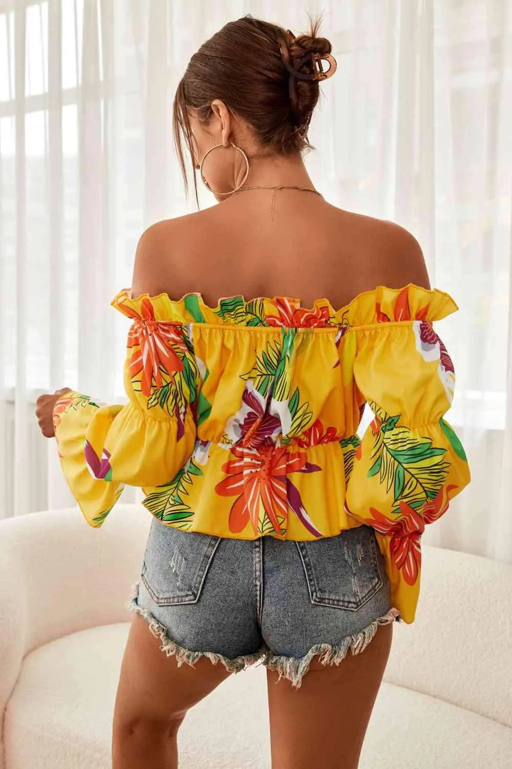 Floral Off-Shoulder Flounce Sleeve Peplum Blouse Blouses - Tophatter Daily Deals