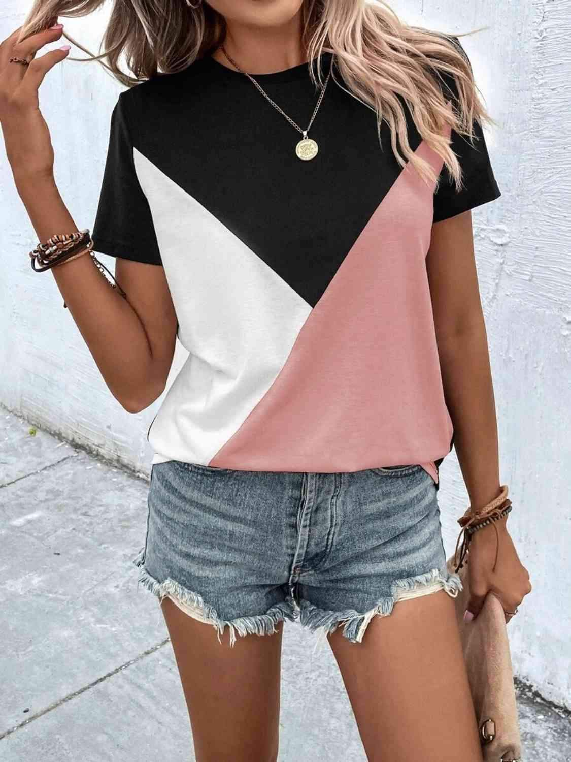 Color Block T-Shirt Women's T-Shirts - Tophatter Daily Deals