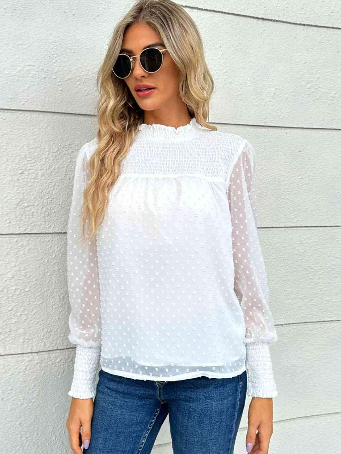 Swiss Dot Smocked Mock Neck Blouse Blouses - Tophatter Daily Deals