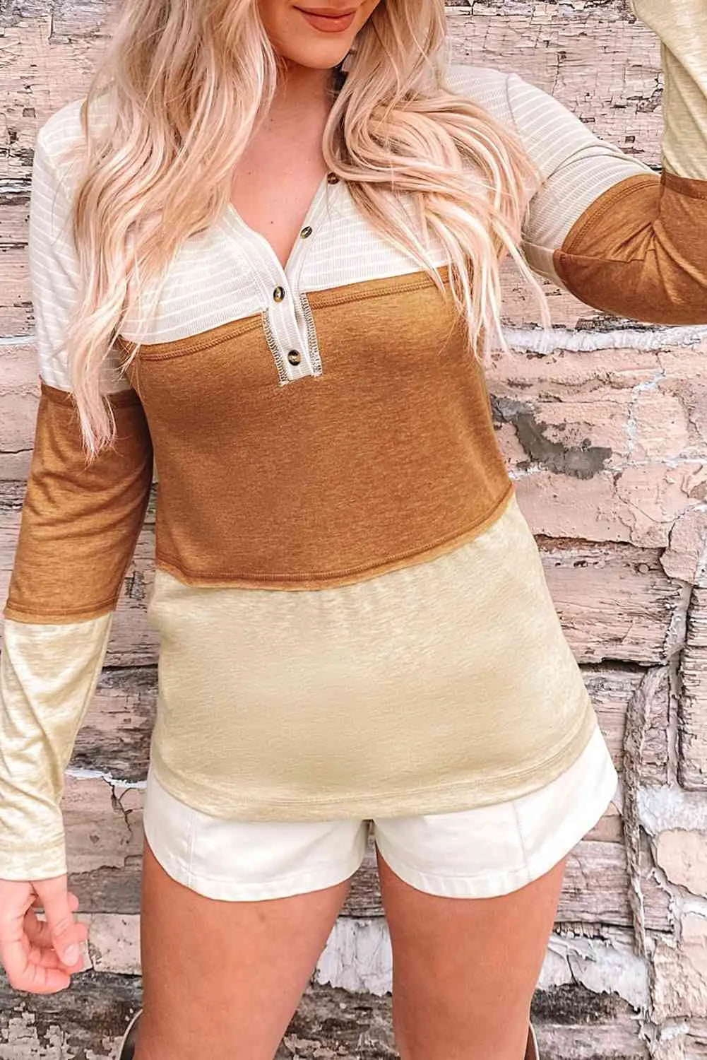 Buttoned Color Block Long Sleeve Top Blouses - Tophatter Daily Deals